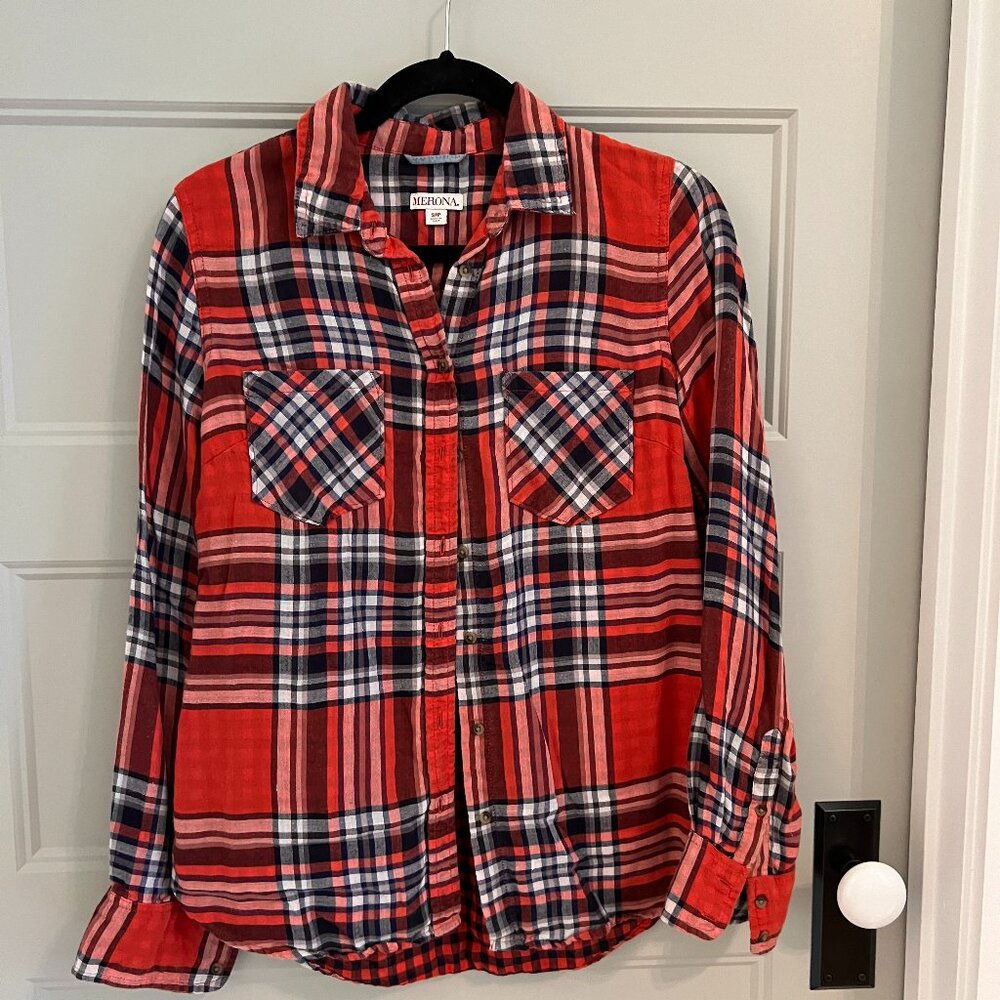 Merona Orange and Black Plaid Button Down Shirt size small
